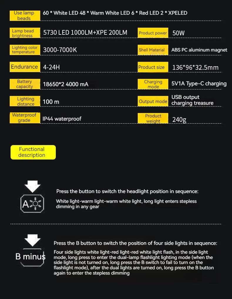 Portable LED Camping Tent Light Rechargeable Searchlight High Power