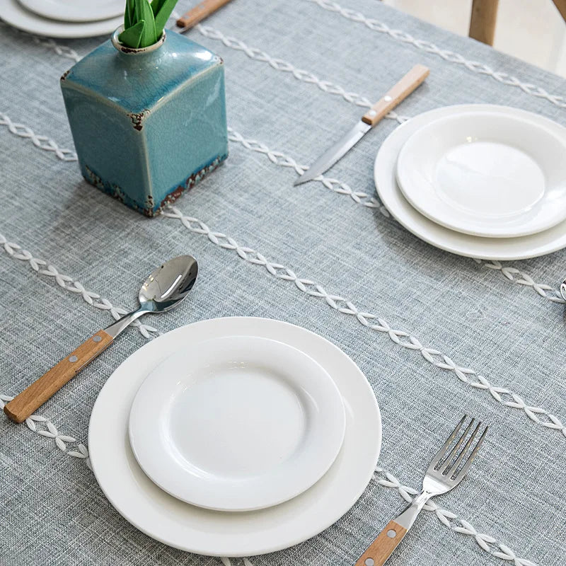 Cotton Linen Stripe Tassel Tablecloth Stain Resistant Dust-Proof Table