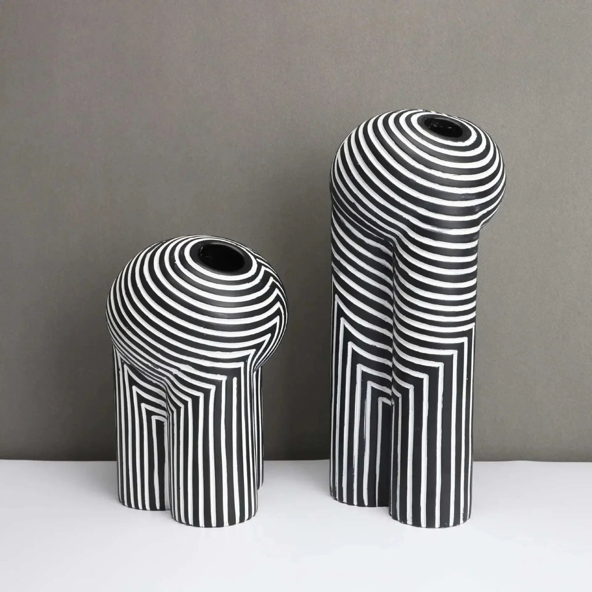 Black and White Striped Resin Vase, Abstract Sculptural