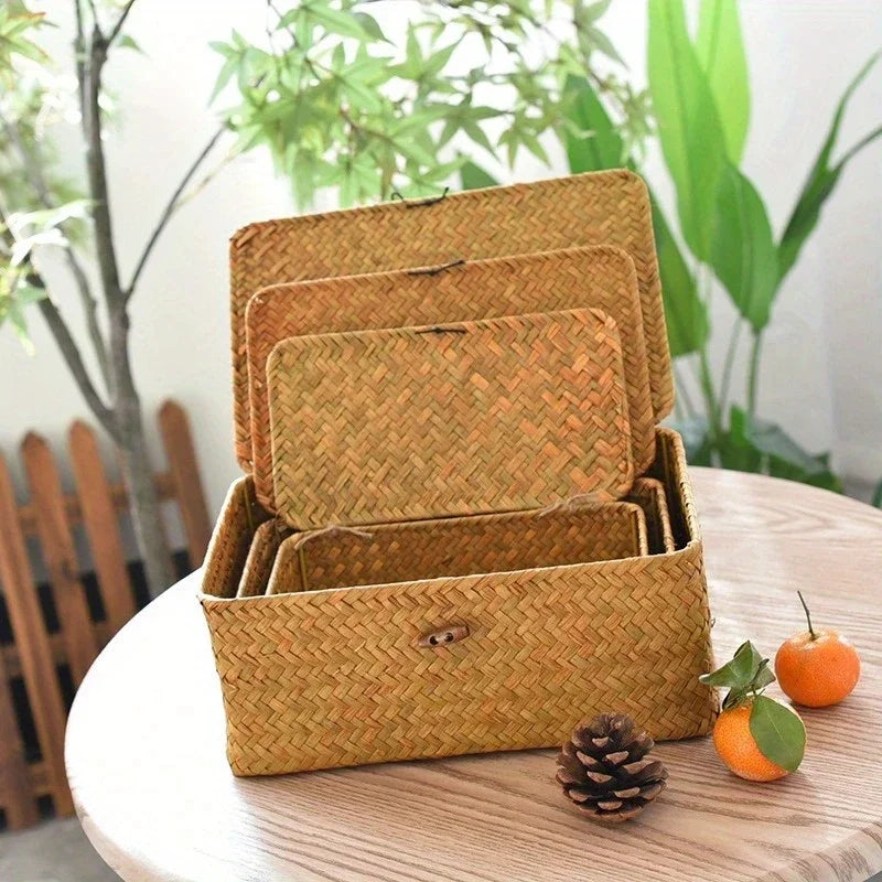 Handmade Straw Woven Vintage Storage Rack Basket Desktop Box