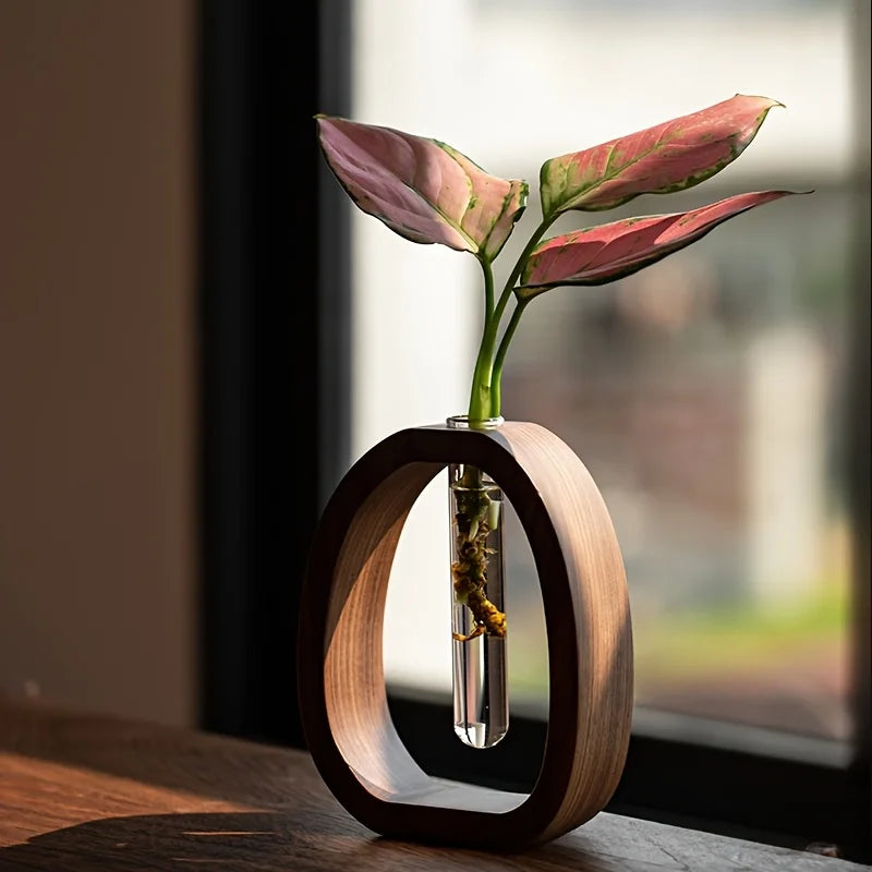 Solid Wood Base Glass Bud Vase