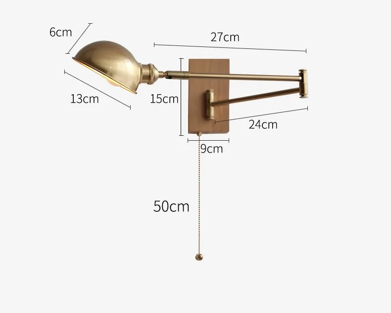 IWHD Walnut Ash Wood Canopy LED Wall Light Fixtures Pull Chain Switch Copper Arm Left Right Rotate Bedroom Beside Lamp Sconce