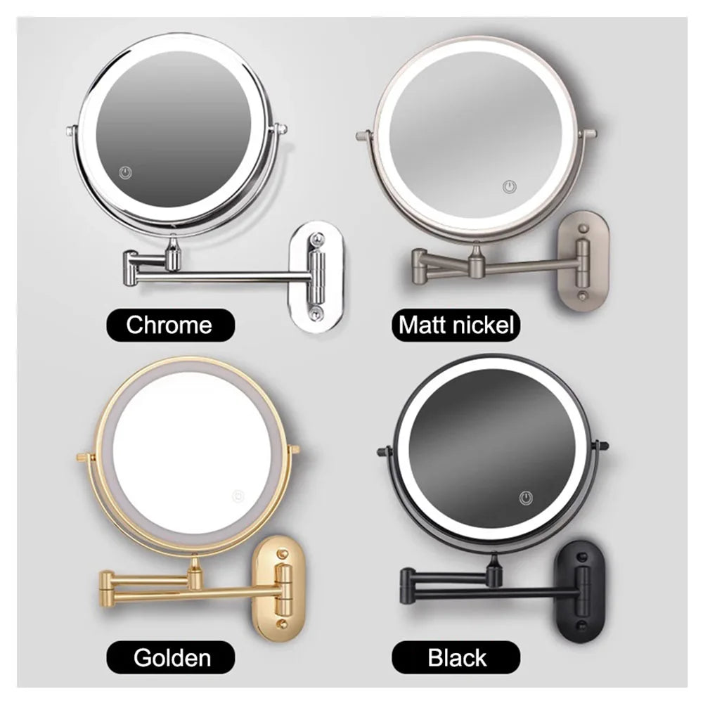 Golden Wall Mounted Folding Vanity Mirror, Double Sided with Fill Light
