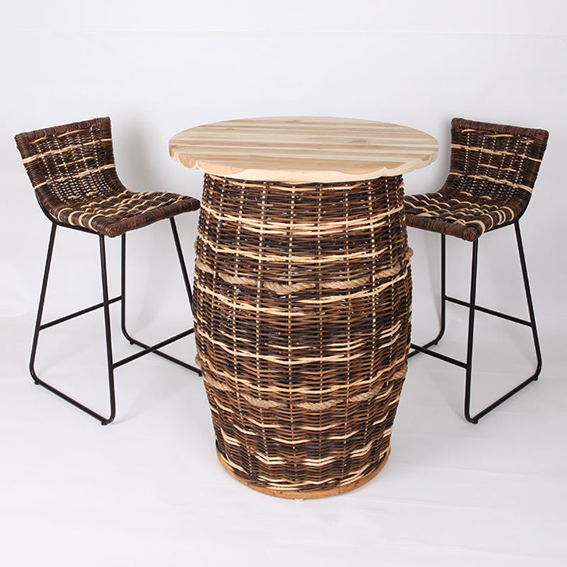 Rustic Teak & Rattan Weaving Bar Table - Dual-Material Durability & Natural Charm Table For Dining Room & Kitchen