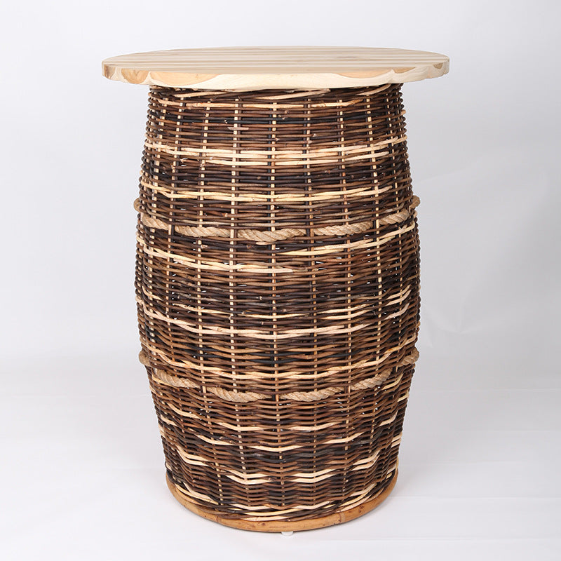 Rustic Teak & Rattan Weaving Bar Table - Dual-Material Durability & Natural Charm Table For Dining Room & Kitchen
