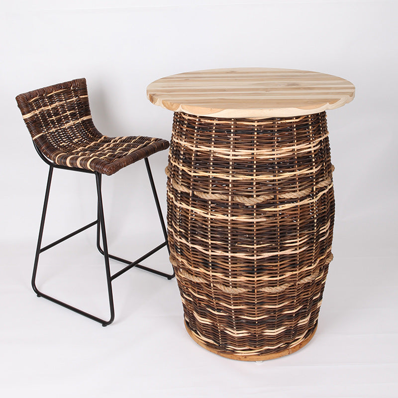 Rustic Teak & Rattan Weaving Bar Table - Dual-Material Durability & Natural Charm Table For Dining Room & Kitchen