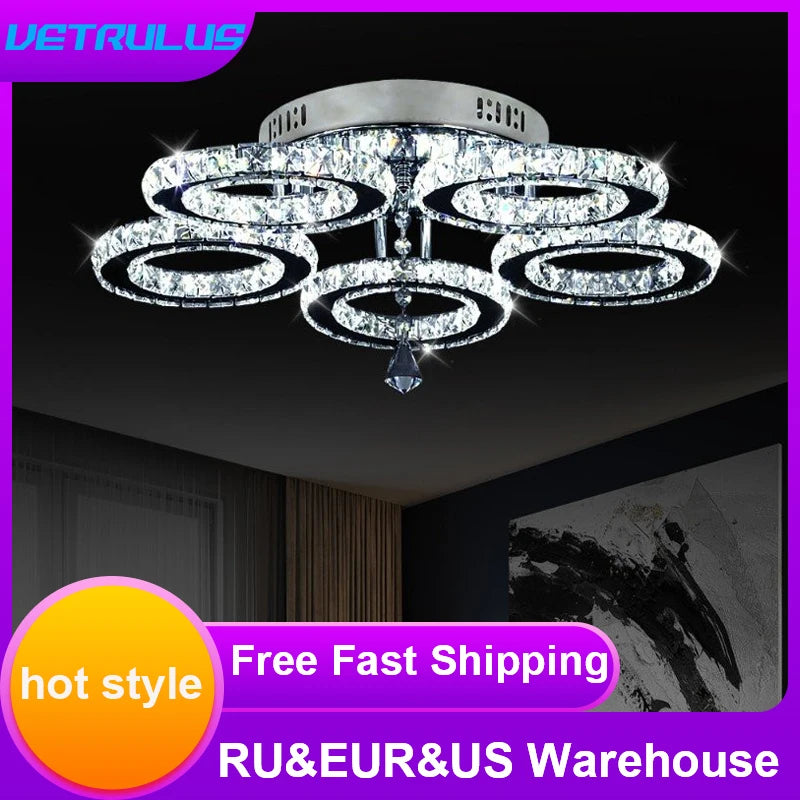 Modern K9 Led Crystal Ceiling Lamp Smart Chandelier Pendant Light Ring