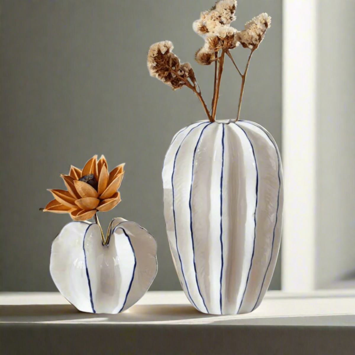 Star Fruit Shaped Porcelain Vase, Handmade Ribbed Vase
