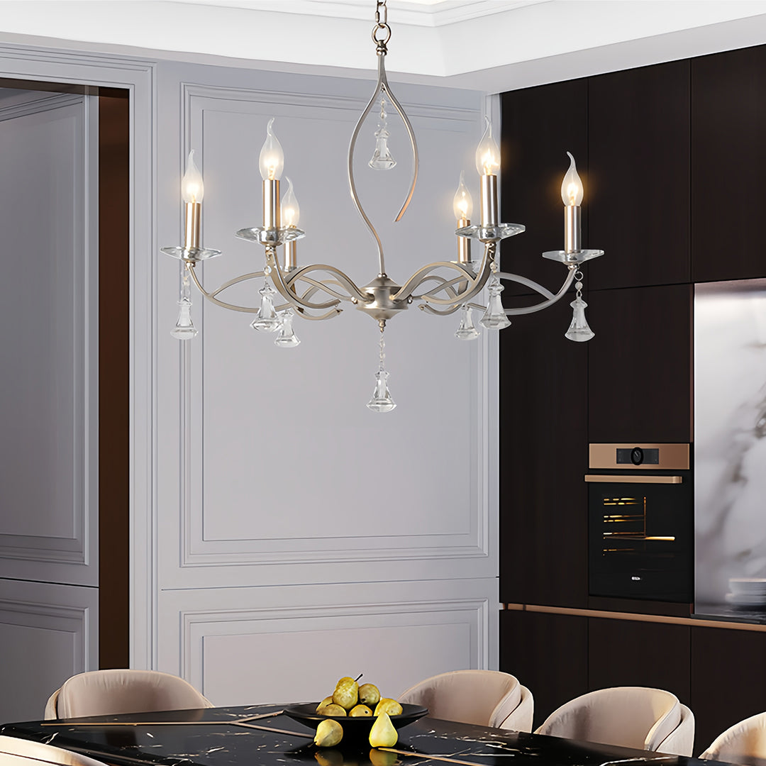 Crystal Drop Candle Chandelier, Silver Iron Scroll Arm Ceiling Light 2