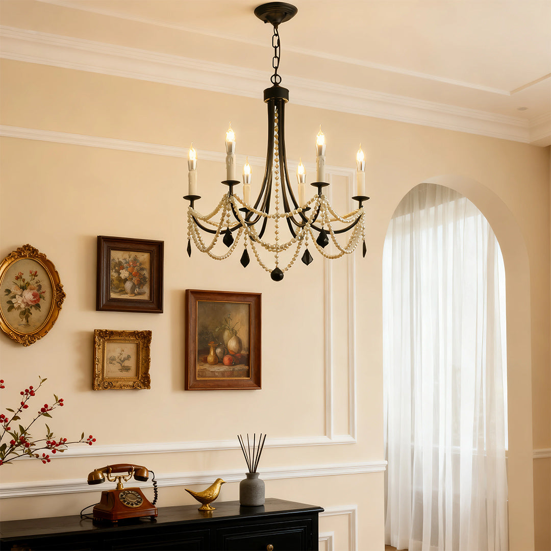 Pearl Strand Candle Chandelier, Black Iron Vintage Ceiling Light 2