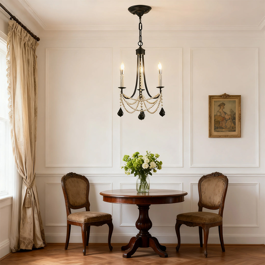 Pearl Strand Candle Chandelier, Black Iron Vintage Ceiling Light
