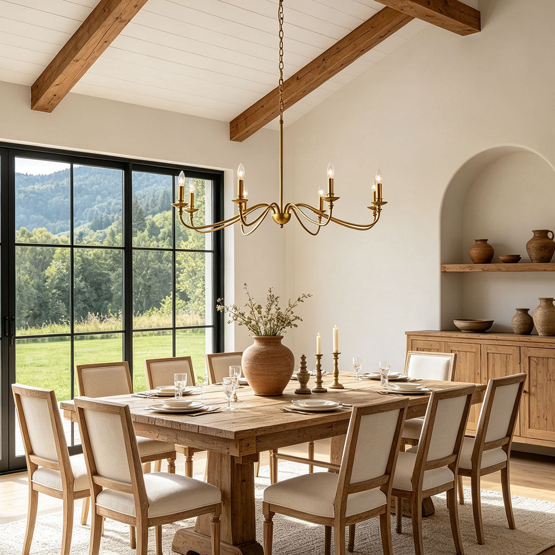 Curved Arm Brass Candle Chandelier, Minimalist Farmhouse Light 3