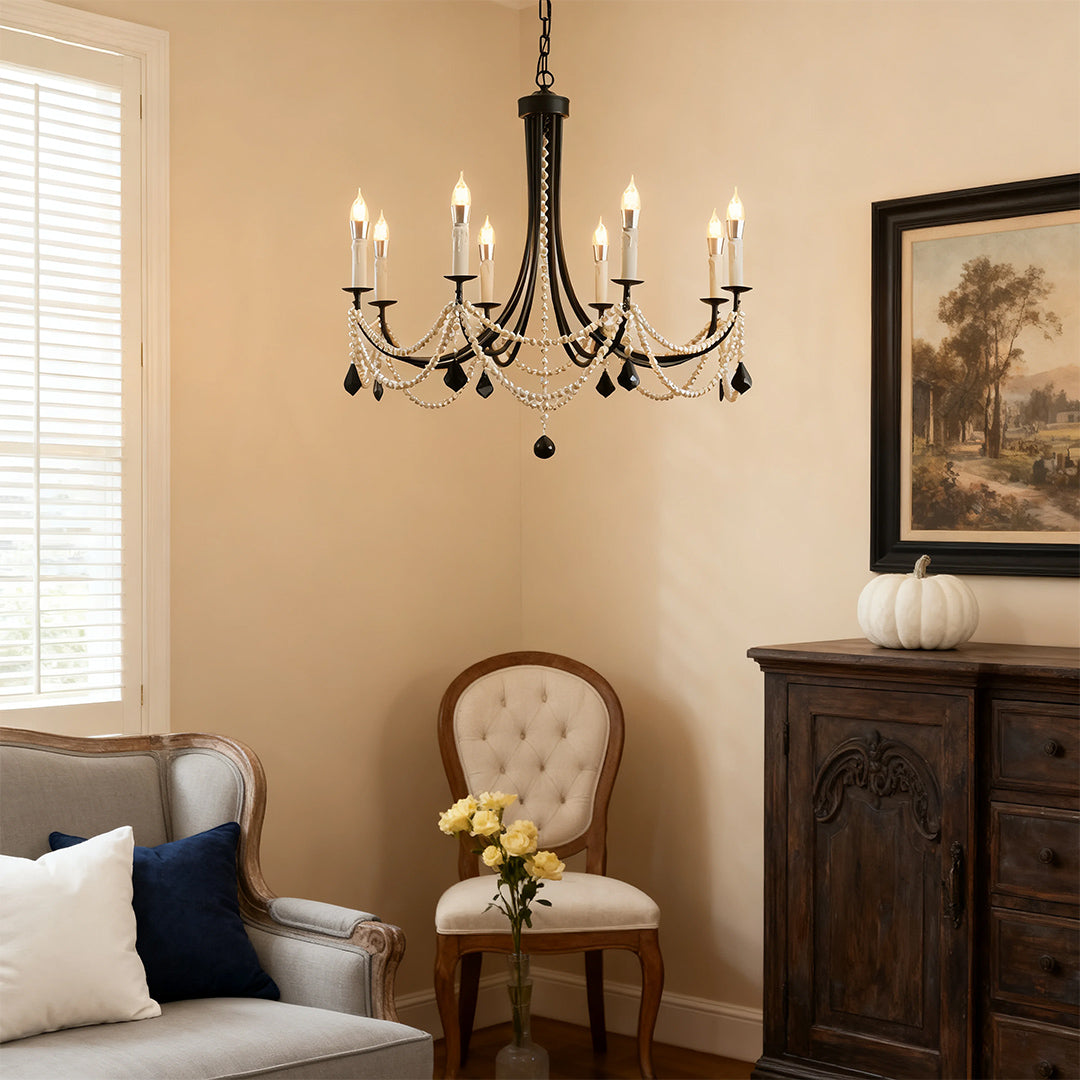 Pearl Strand Candle Chandelier, Black Iron Vintage Ceiling Light 3
