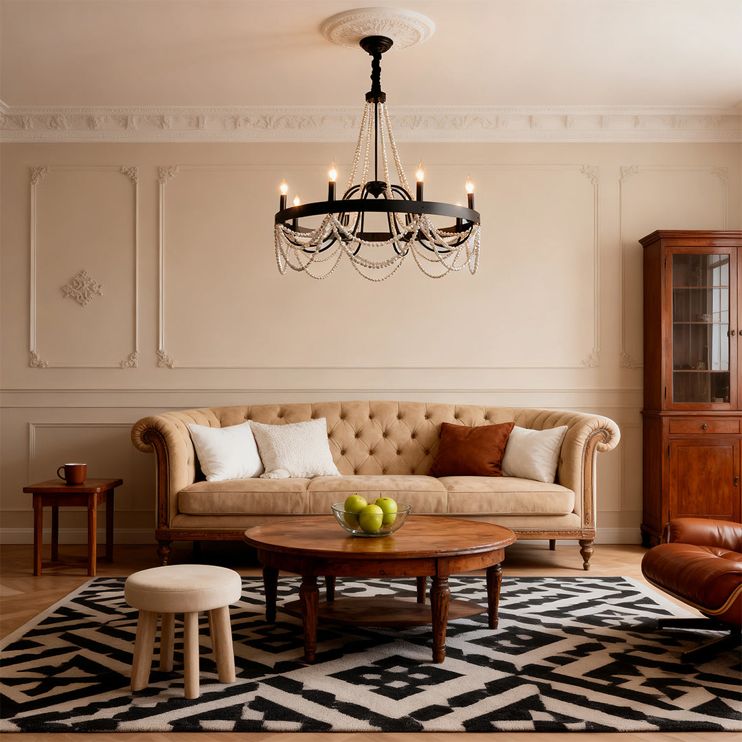 Pearl Swag Candle Chandelier, Wrought Iron French Ceiling Light