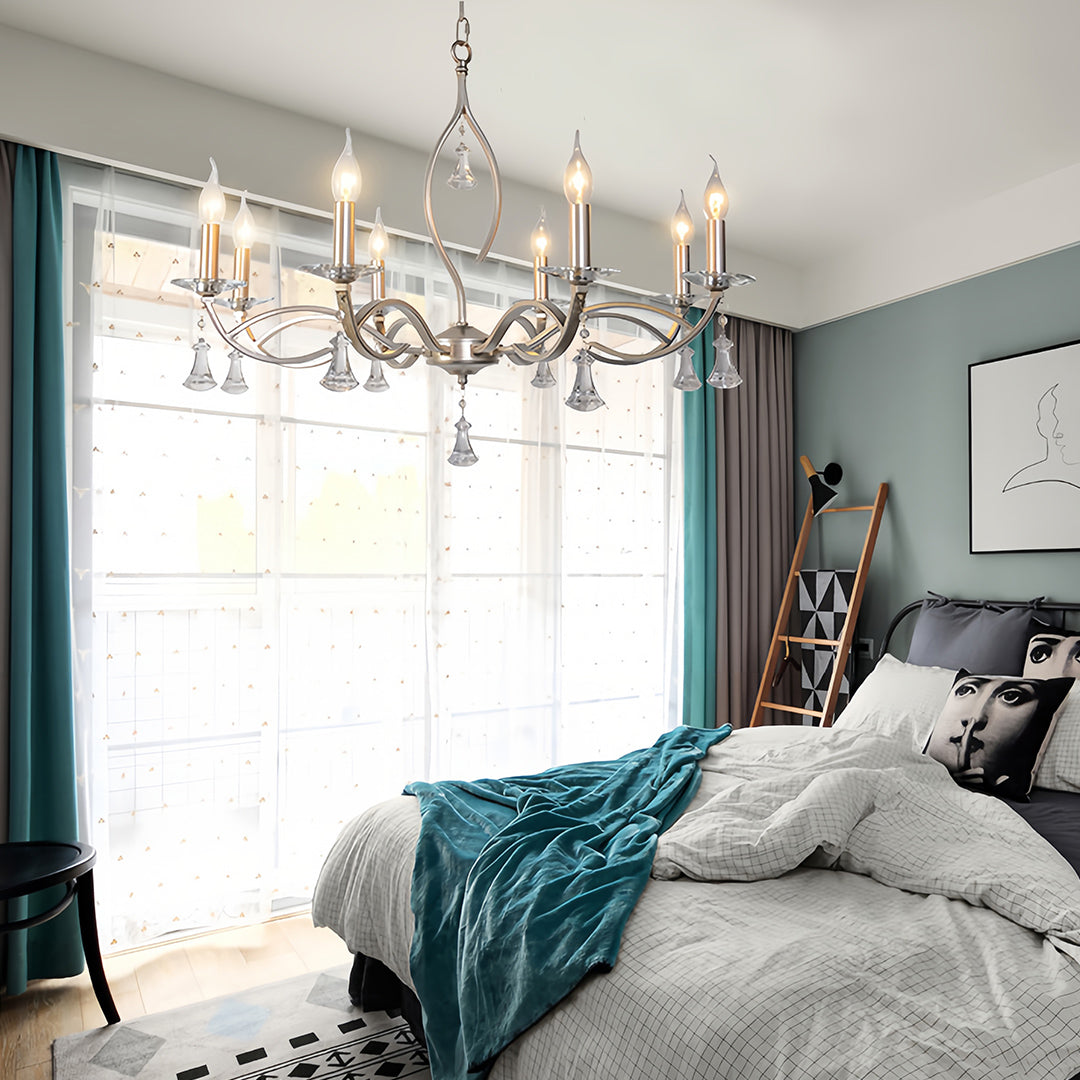 Crystal Drop Candle Chandelier, Silver Iron Scroll Arm Ceiling Light 4