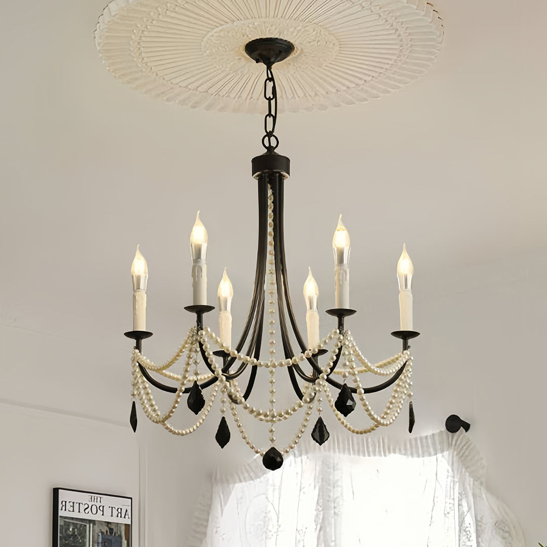 Pearl Strand Candle Chandelier, Black Iron Vintage Ceiling Light 4