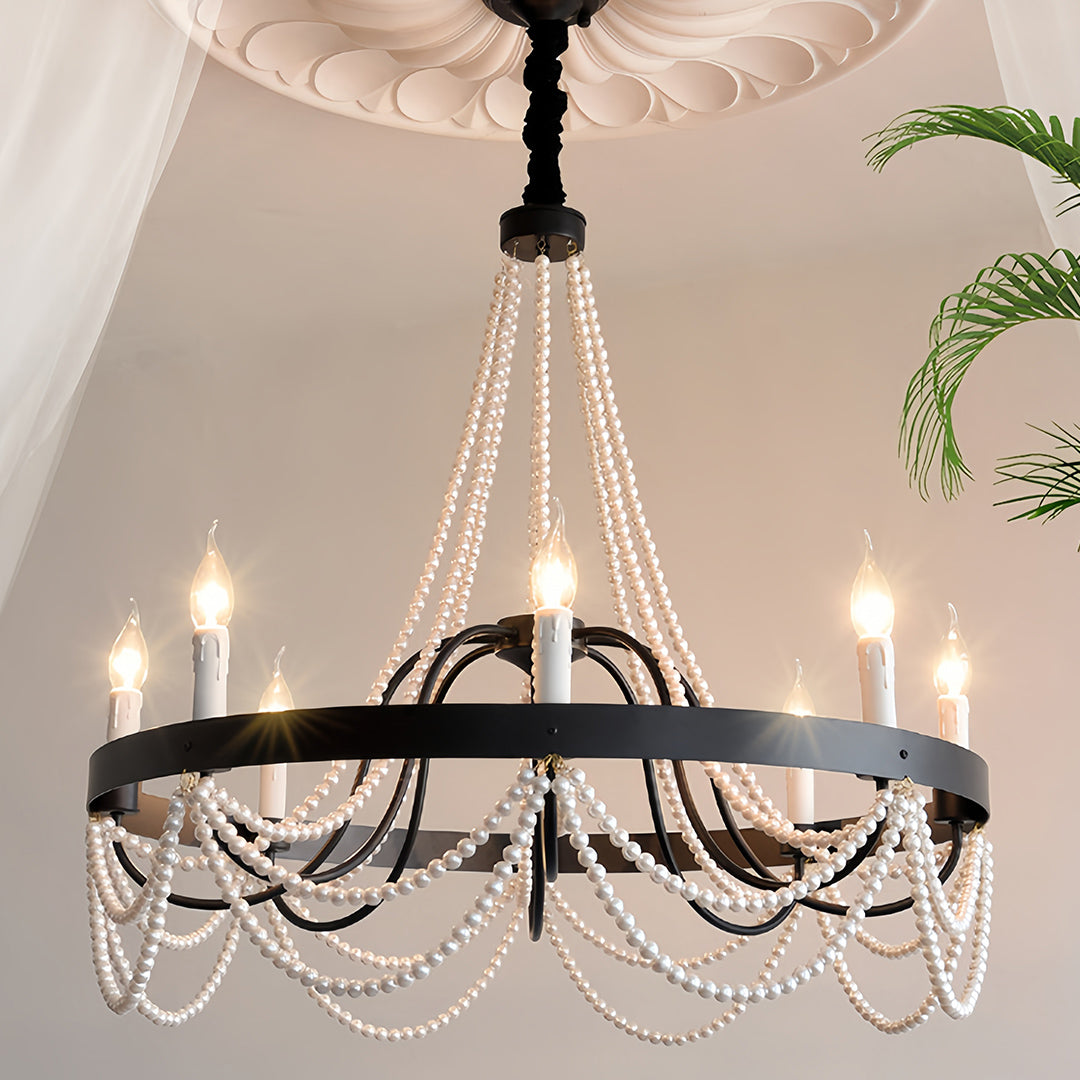 Pearl Swag Candle Chandelier, Wrought Iron French Ceiling Light 5