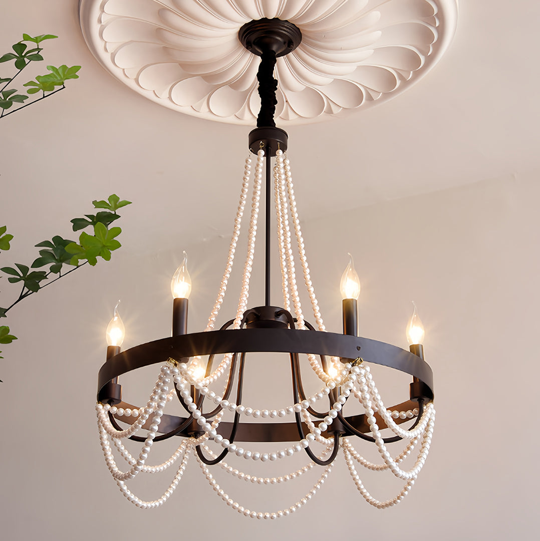 Pearl Swag Candle Chandelier, Wrought Iron French Ceiling Light 6
