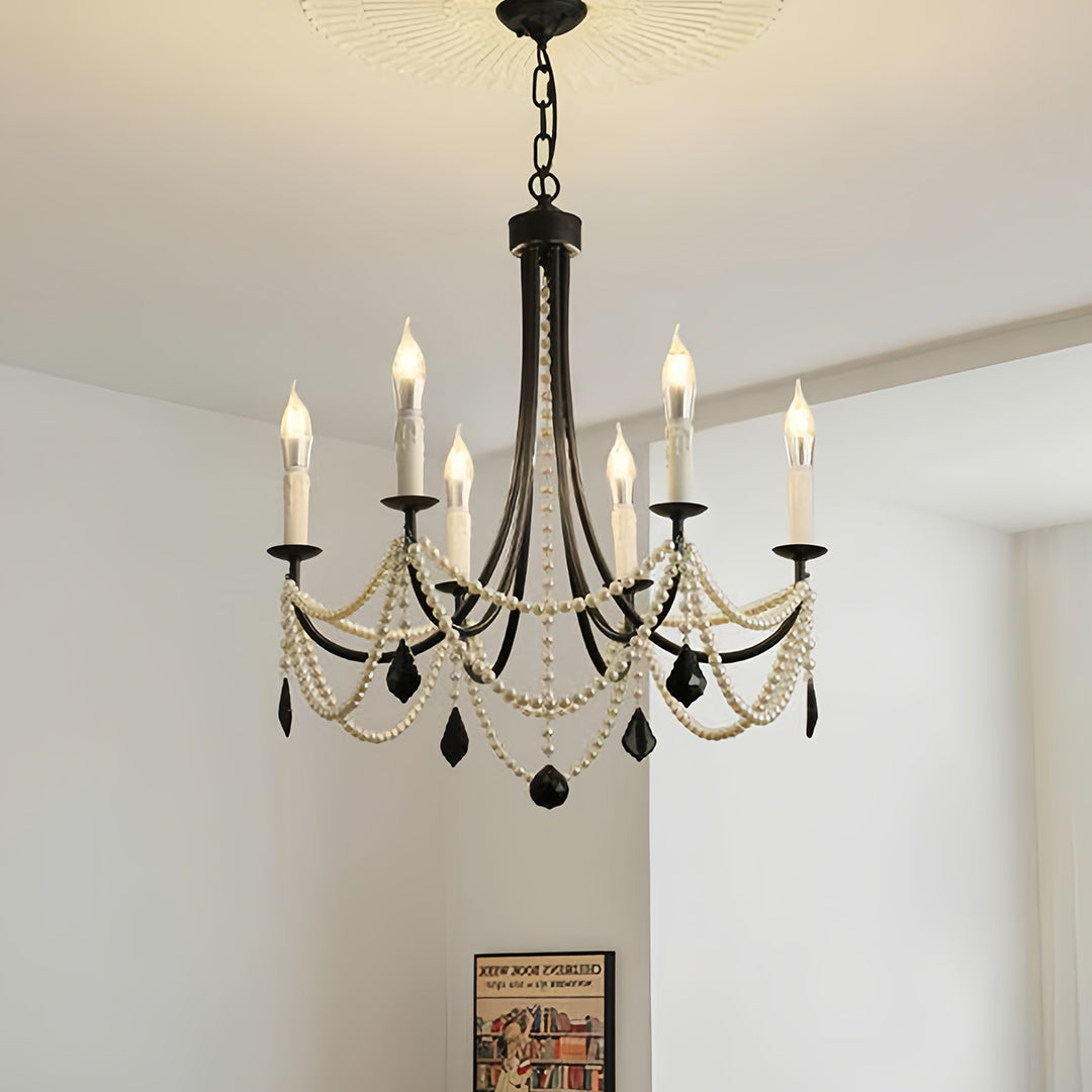 Pearl Strand Candle Chandelier, Black Iron Vintage Ceiling Light 7