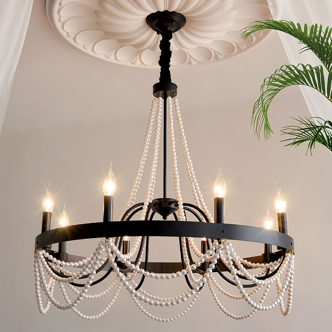Pearl Swag Candle Chandelier, Wrought Iron French Ceiling Light 8