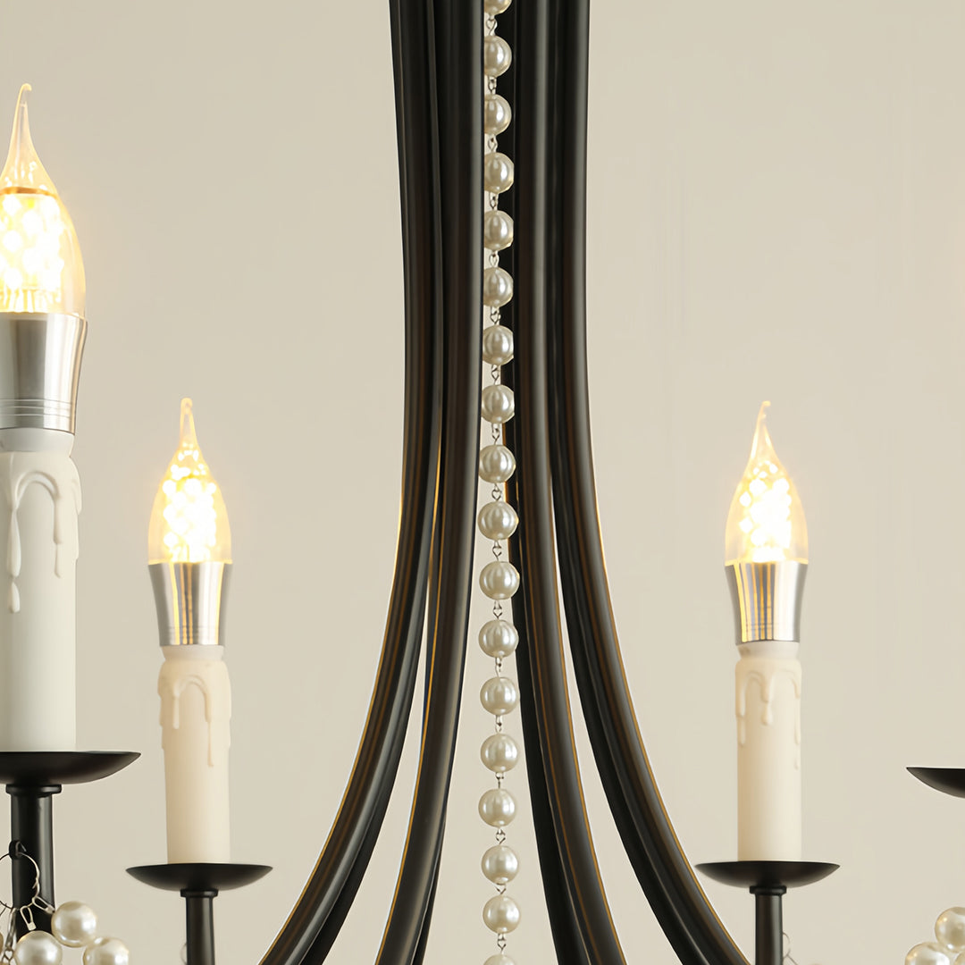 Pearl Strand Candle Chandelier, Black Iron Vintage Ceiling Light 10