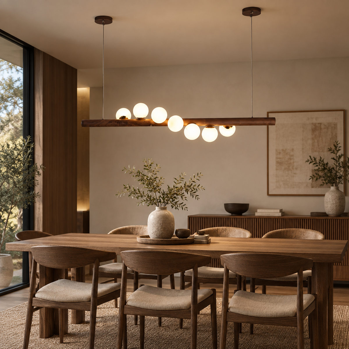 Walnut Wood Beam Globe Linear Pendant, 5 or 7 Lights