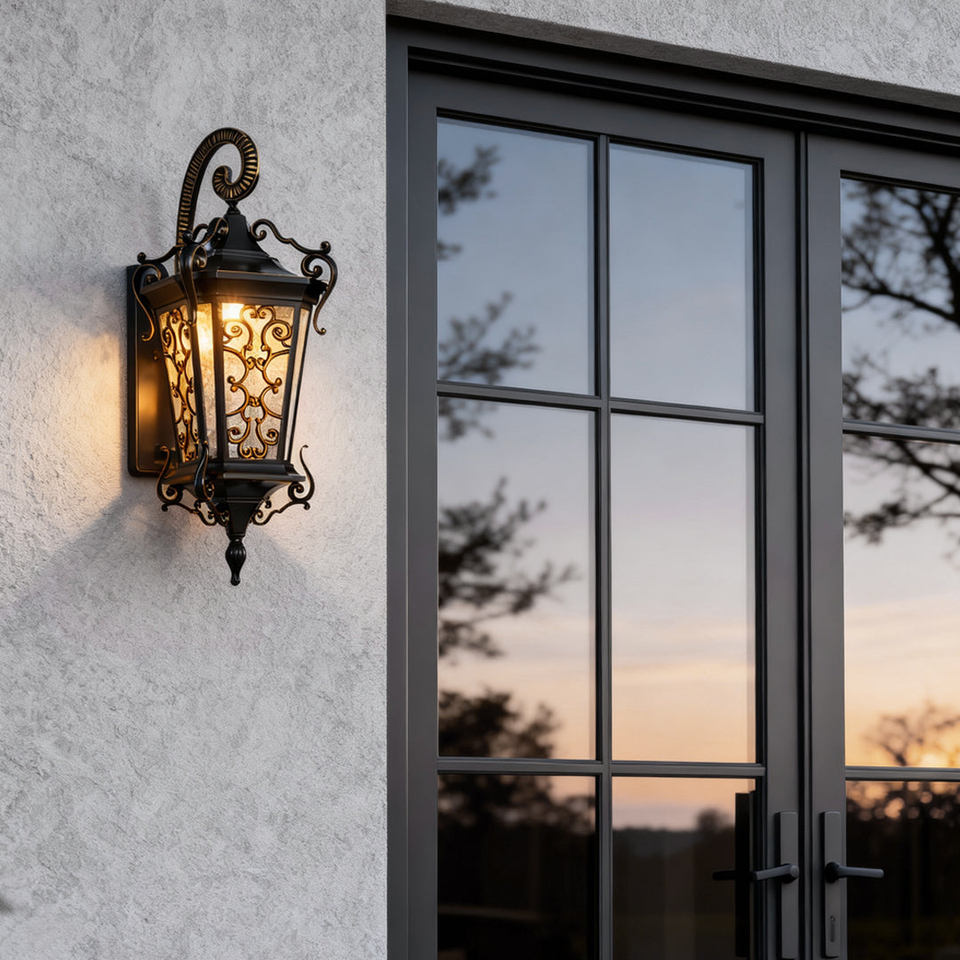 Antique European Wall Lantern, Black Aluminum Outdoor Sconce