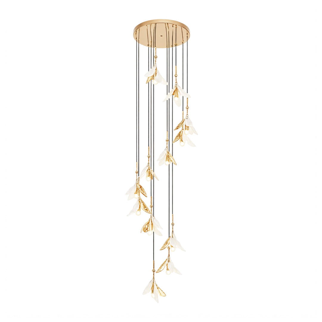 Ceramic Blossom Spiral Staircase Chandelier, Gold Iron Long Drop Light 16