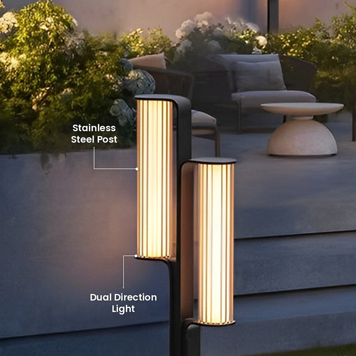 Back to Back Pathway Light: Dual Direction Light, Stainless Steel Post