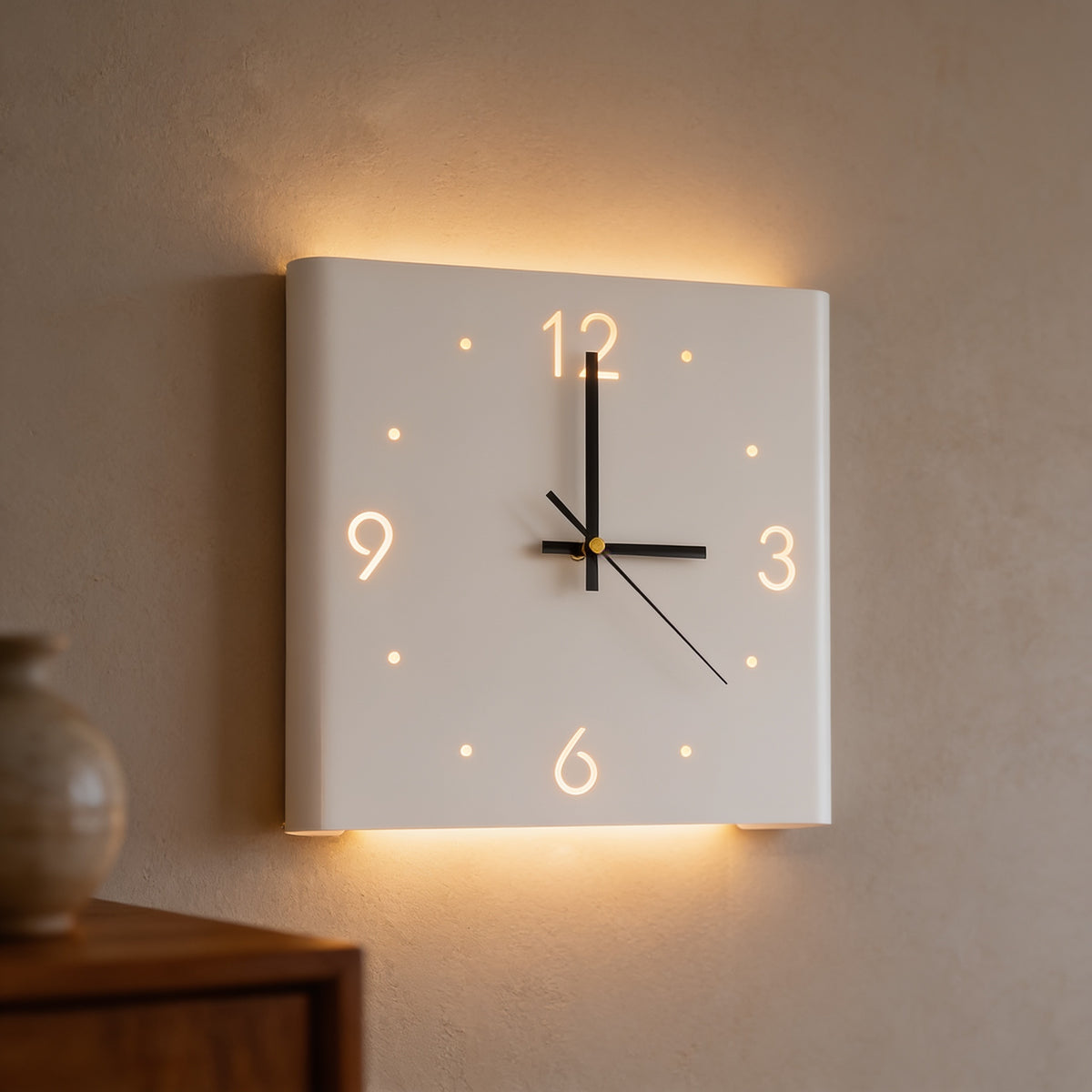 White square Backlit Wall Clock Light with a warm glow