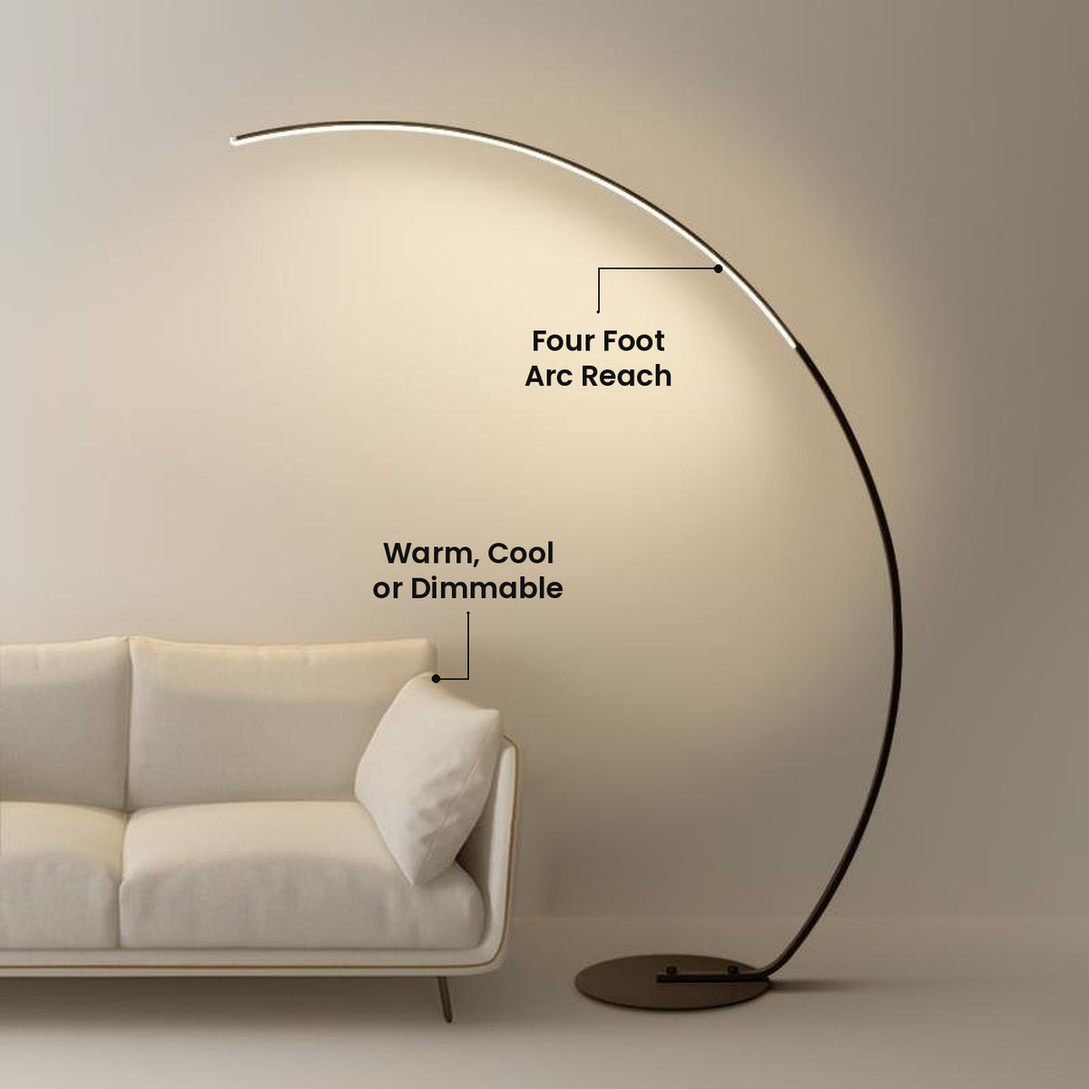Aluminum Arc Floor Lamp: Four Foot Arc Reach, Warm, Cool or Dimmable