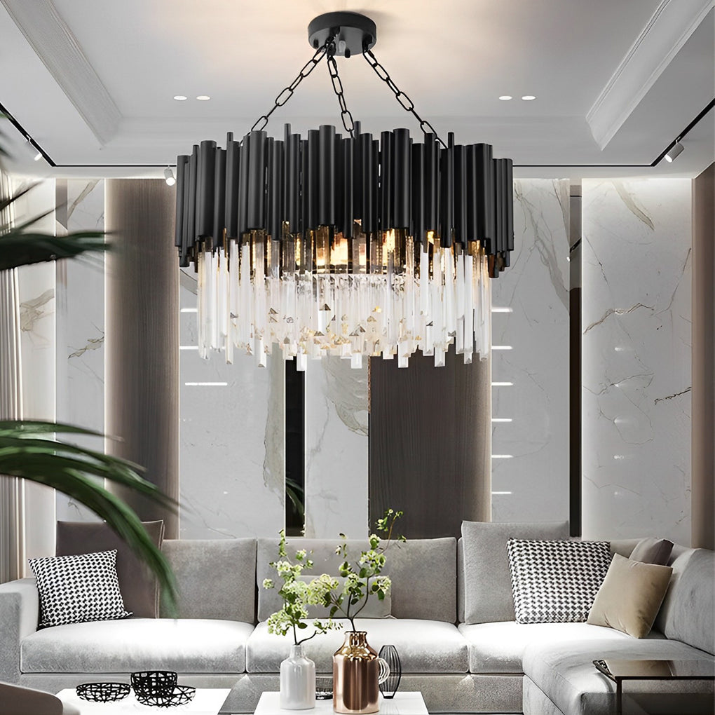Black Tube Crown Crystal Chandelier, Modern Round Ceiling Light 6