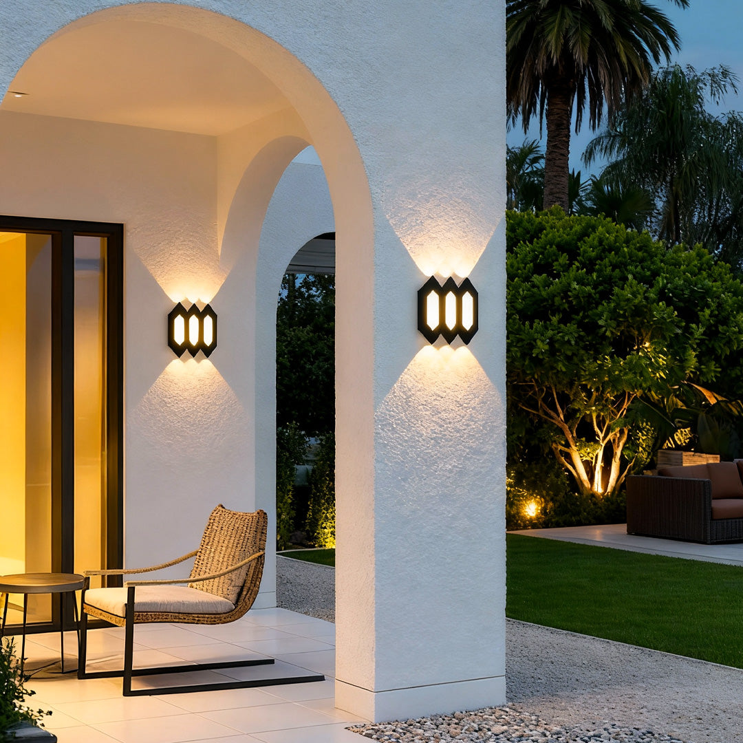 Hexagon Matrix Outdoor Wall Light, Black Aluminum Sconce