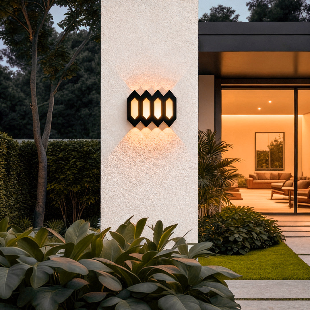 Hexagon Matrix Outdoor Wall Light, Black Aluminum Sconce