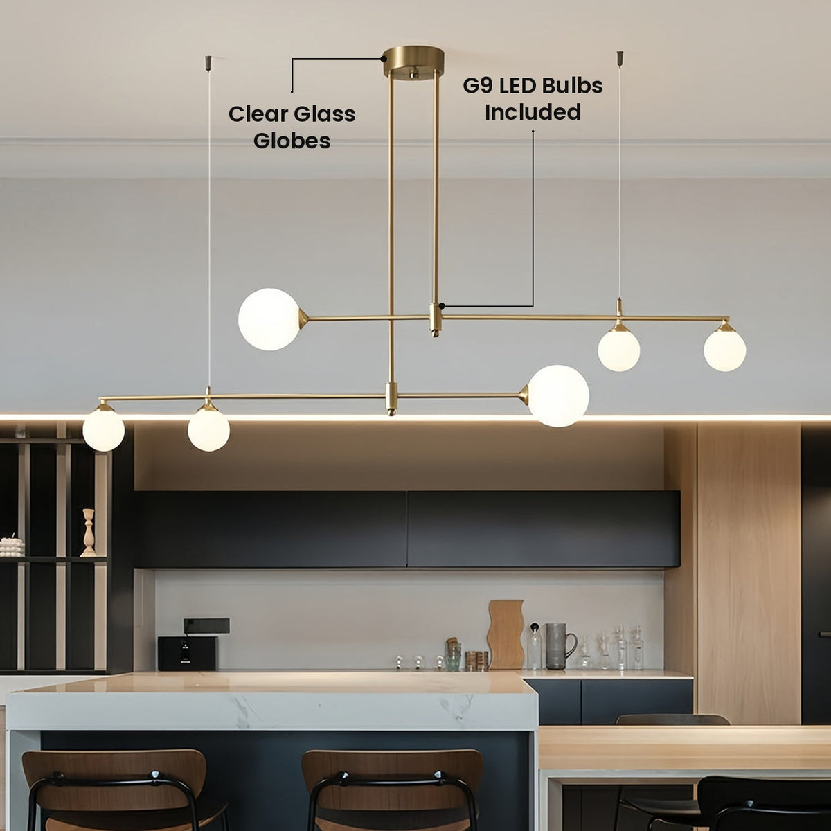 Brass Bubble Globe Linear Chandelier: Clear Glass Globes, G9 LED Bulbs Included