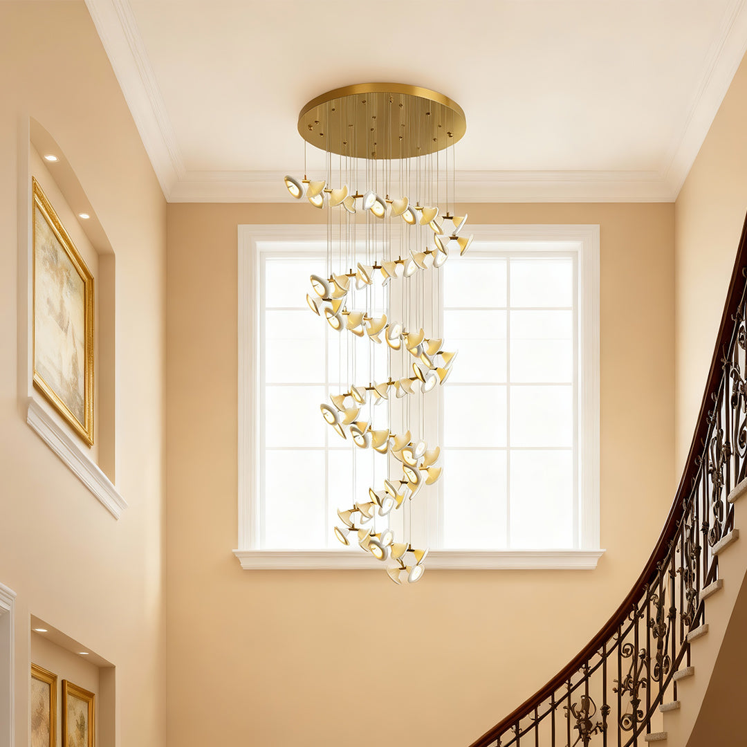 Ceramic Tulip Spiral Staircase Chandelier, Gold Stainless Steel Light