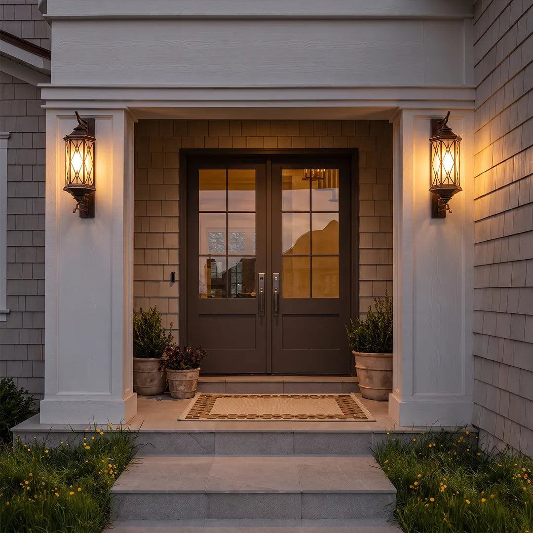 Lattice Glass Outdoor Lantern, Bronze Wall Lantern Set