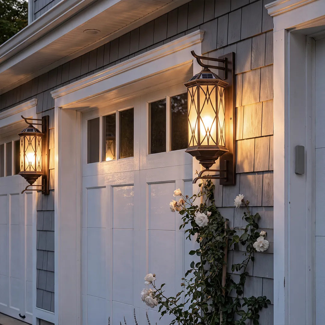 Lattice Glass Outdoor Lantern, Bronze Wall Lantern Set