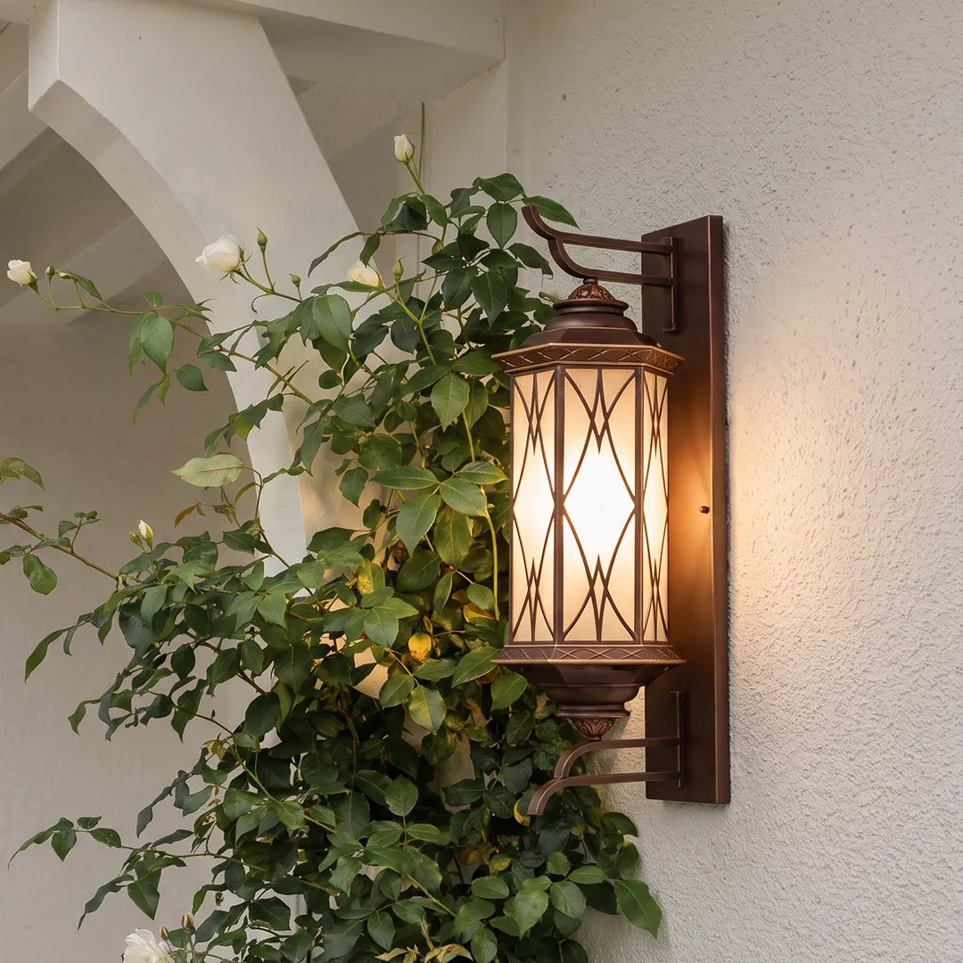 Lattice Glass Outdoor Lantern, Bronze Wall Lantern Set