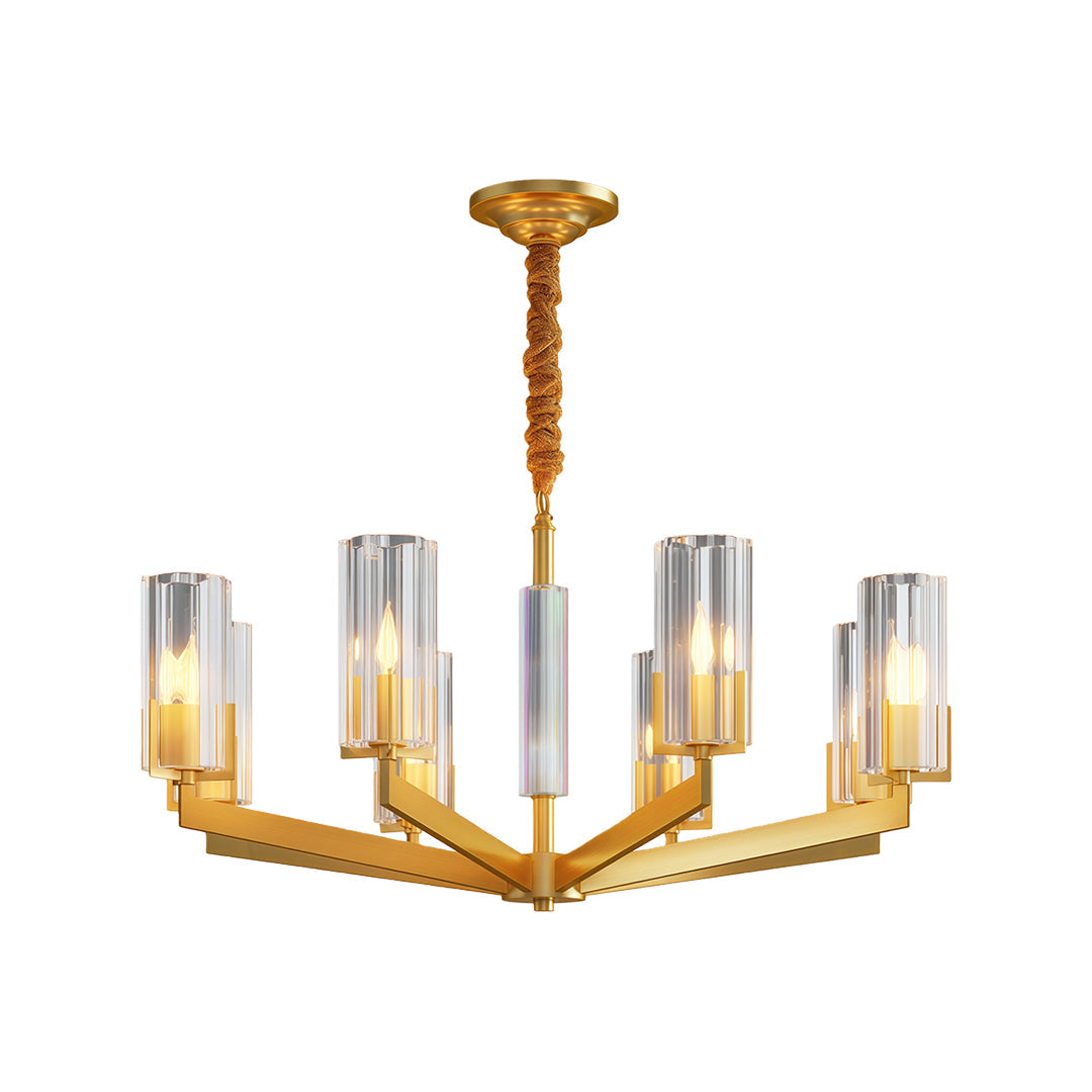 Ribbed Glass Candle Chandelier, Solid Brass Modern Ceiling Light 18