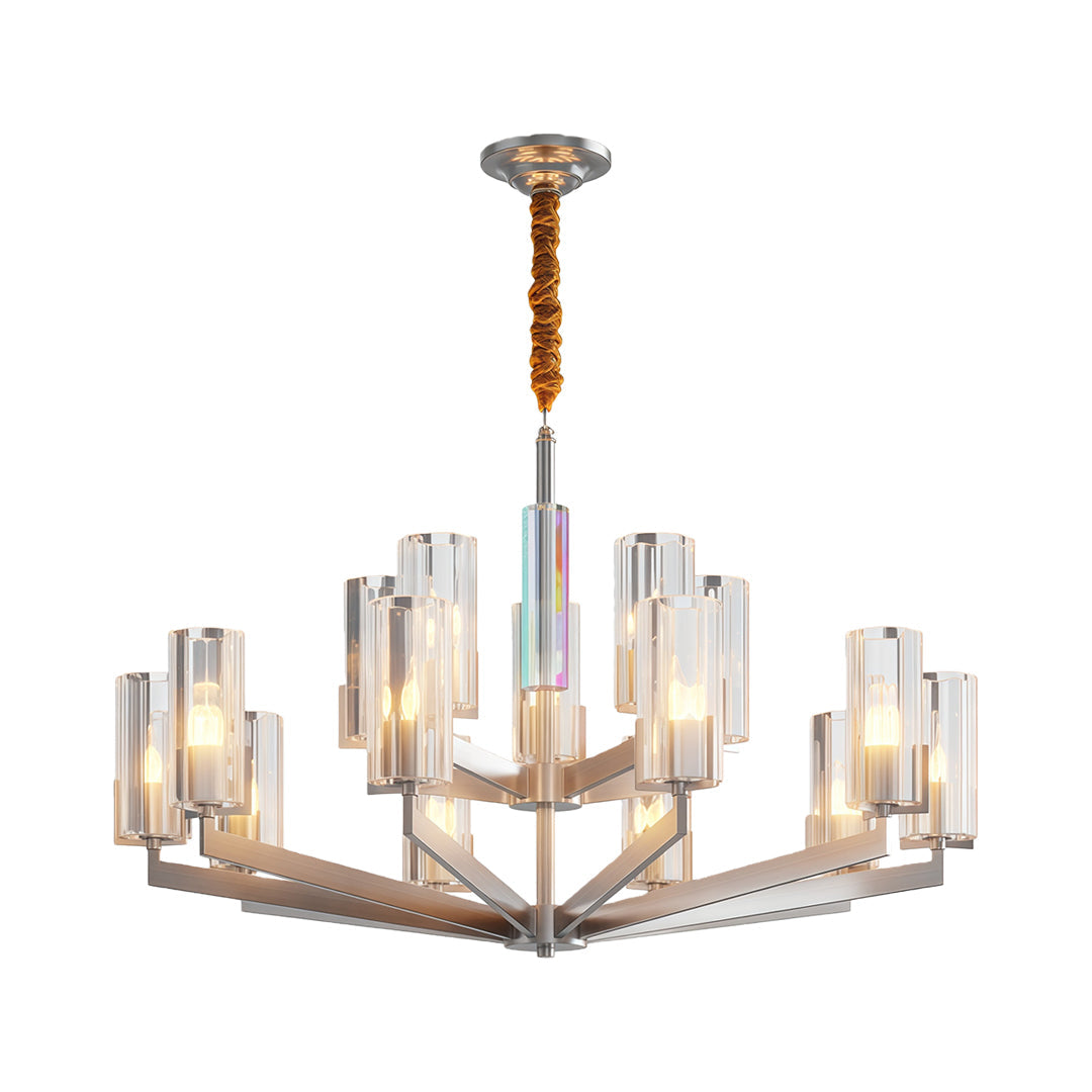 Ribbed Glass Candle Chandelier, Solid Brass Modern Ceiling Light 28