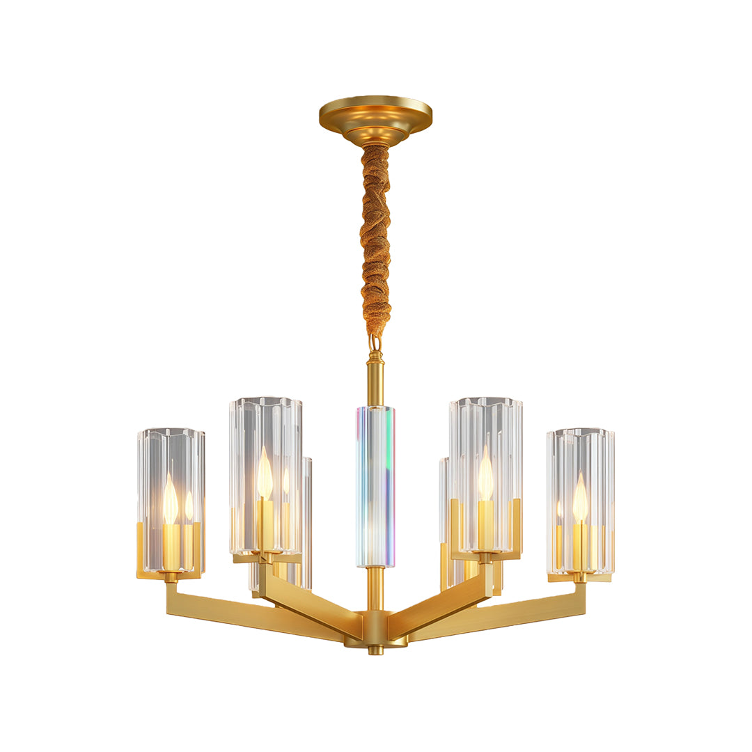 Ribbed Glass Candle Chandelier, Solid Brass Modern Ceiling Light 15