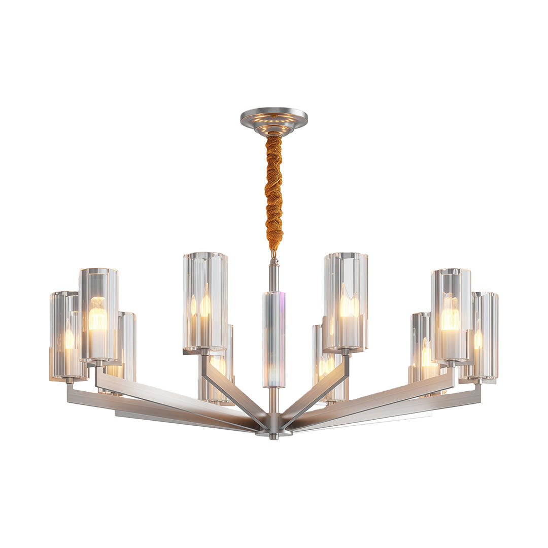 Ribbed Glass Candle Chandelier, Solid Brass Modern Ceiling Light 22