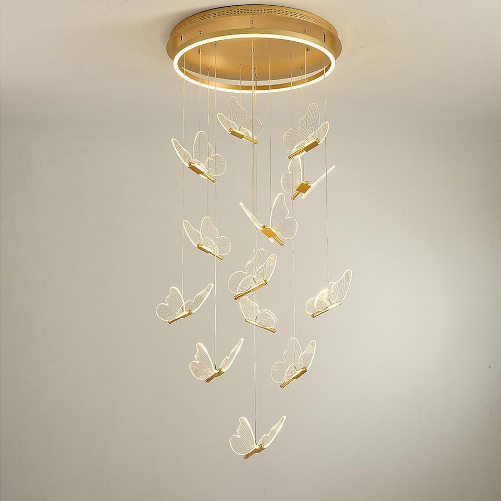 Glowing Butterfly Staircase Chandelier, Gold Iron and Acrylic Light 11
