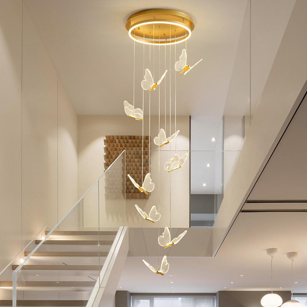 Glowing Butterfly Staircase Chandelier, Gold Iron and Acrylic Light 7