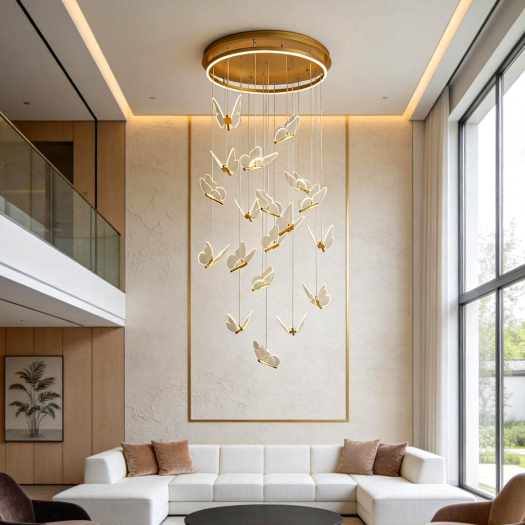 Glowing Butterfly Staircase Chandelier, Gold Iron and Acrylic Light 2