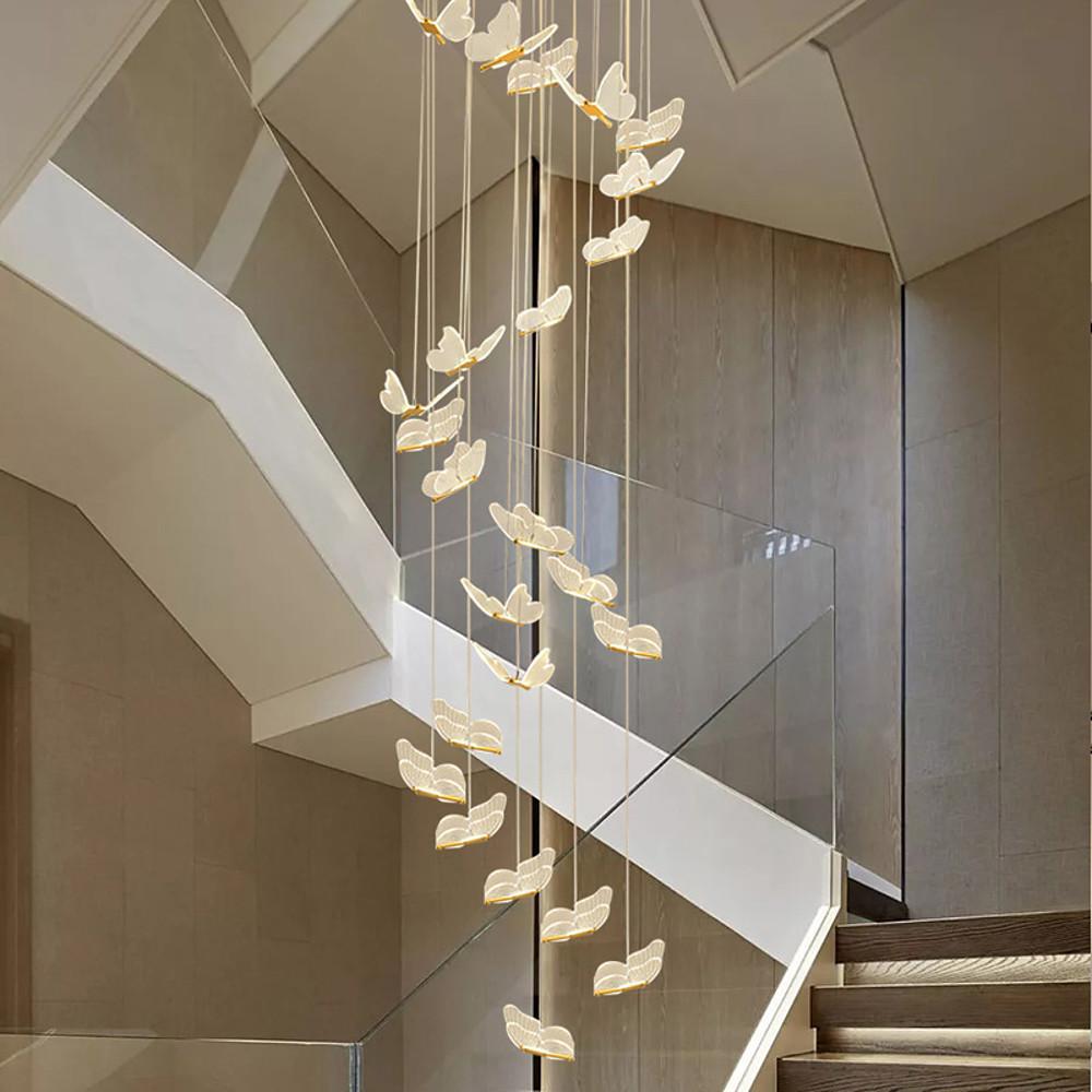 Glowing Butterfly Staircase Chandelier, Gold Iron and Acrylic Light 10
