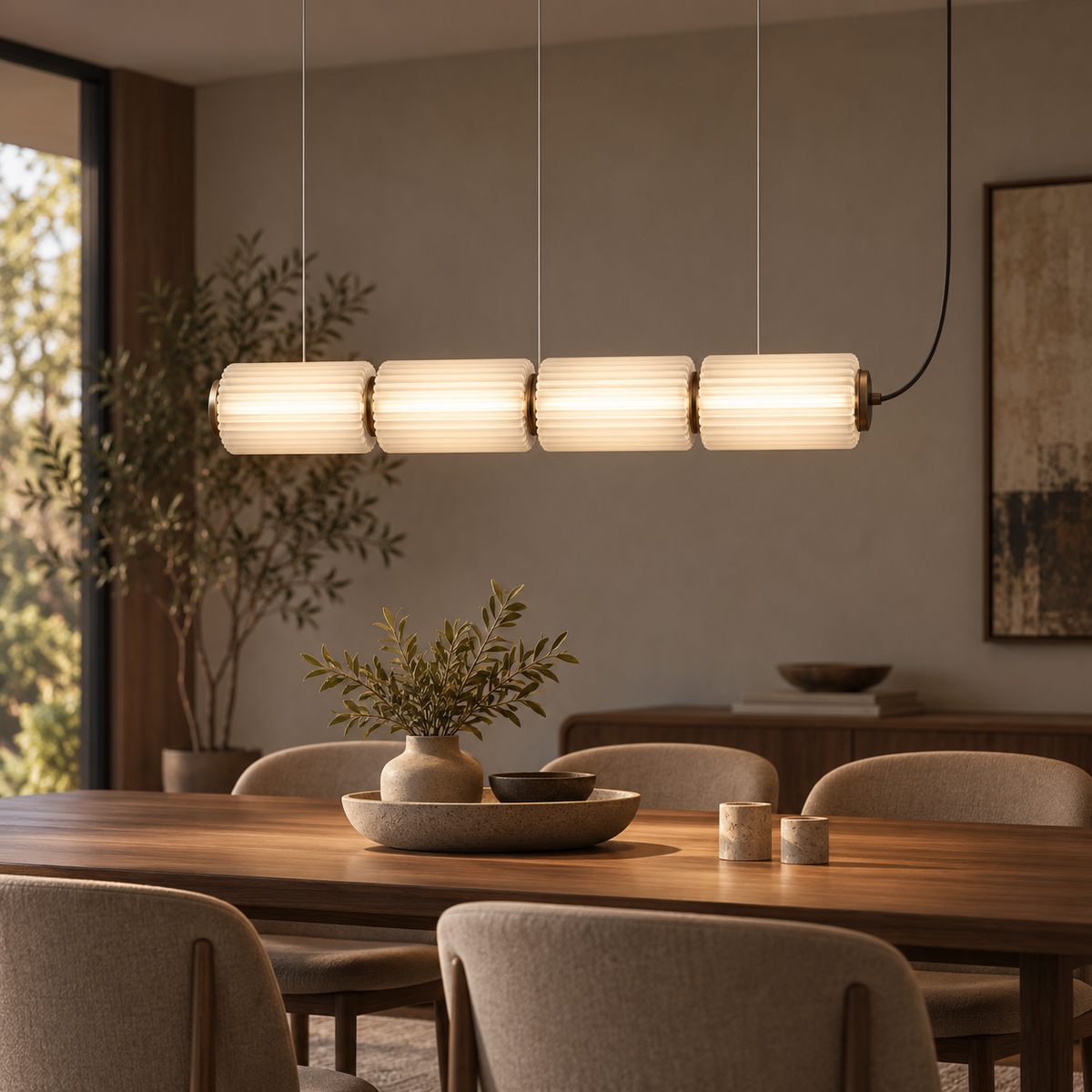 Fluted Glass Linear Pendant Light, Italian Style Island
