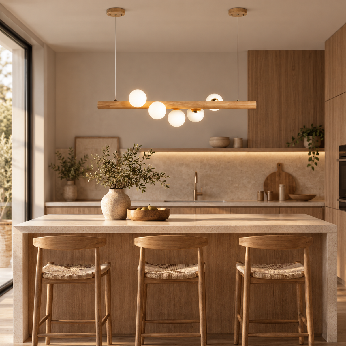 Walnut Wood Beam Globe Linear Pendant, 5 or 7 Lights