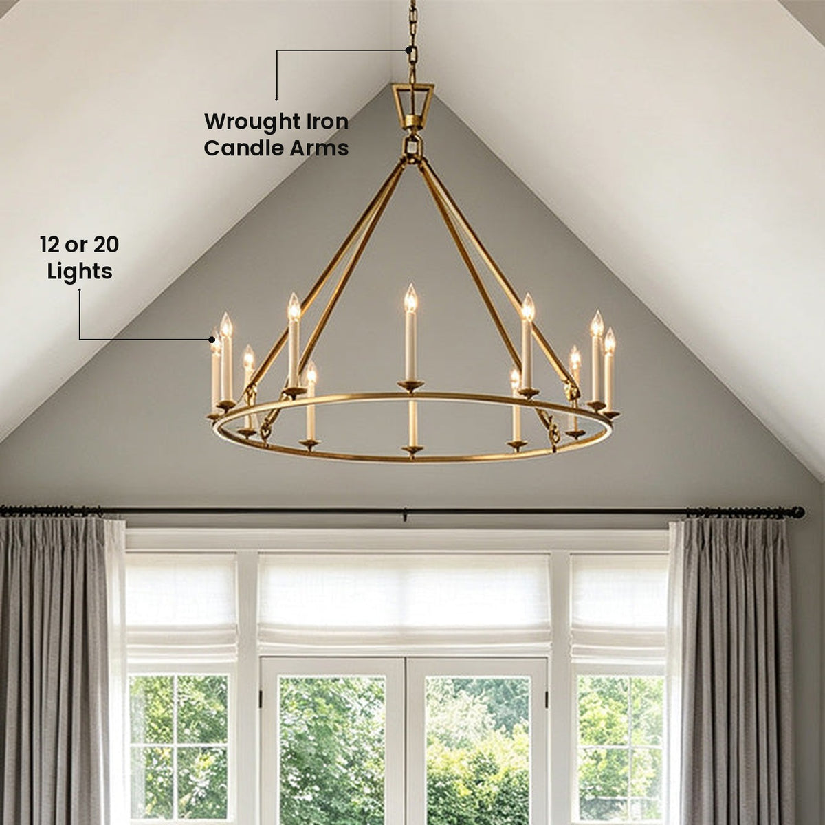 Retro Candle Chandelier: Wrought Iron Candle Arms, 12 or 20 Lights